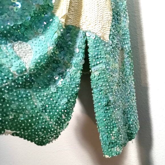 Vintage Art Deco Sequin Beaded Gown Cream Green M Ballroom Pageant Competition - Picture 11 of 12